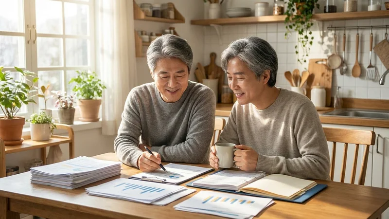 노후 연금 설계를 위해 IRP와 연금저축 서류를 비교 검토하는 중년 한국인 부부