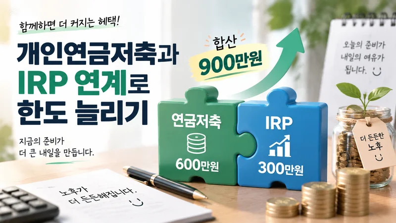 개인연금저축과 IRP를 결합해 900만원 한도를 달성하는 절세 전략을 표현한 퍼즐형 금융 이미지