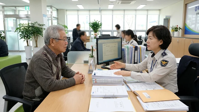 주민센터 창구에서 기초연금 신청 상담을 받는 60대 한국 어르신
