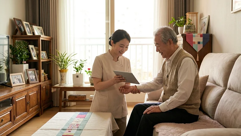 국민건강보험공단 방문조사원이 어르신 가정을 방문하여 심신 상태를 조사하는 전문적이고 따뜻한 장면