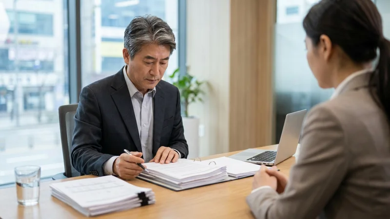 주택도시기금 디딤돌대출 서류를 검토하는 50대 남성이 은행 상담 창구에 앉아 있는 모습