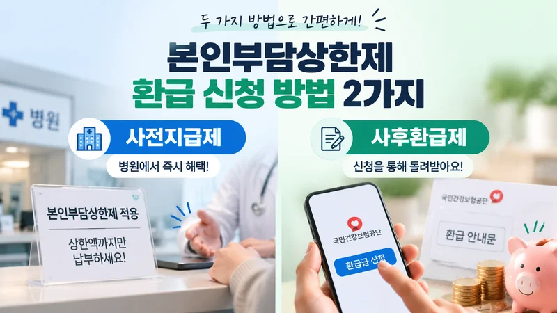 본인부담상한제 환급 신청 방법인 사전지급제와 사후환급제를 비교하는 병원과 모바일 신청 화면 이미지