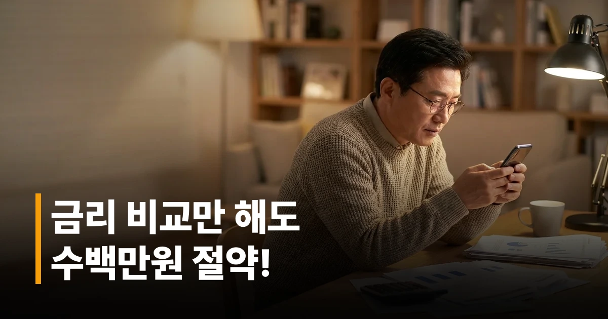 40대 남성이 스마트폰으로 신용대출 금리비교 앱을 확인하는 모습