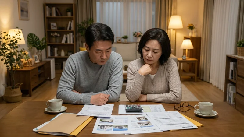 책상 위에 놓인 부동산 계약서, 계산기, 세금 서류를 살펴보는 한국인 중장년 부부의 모습