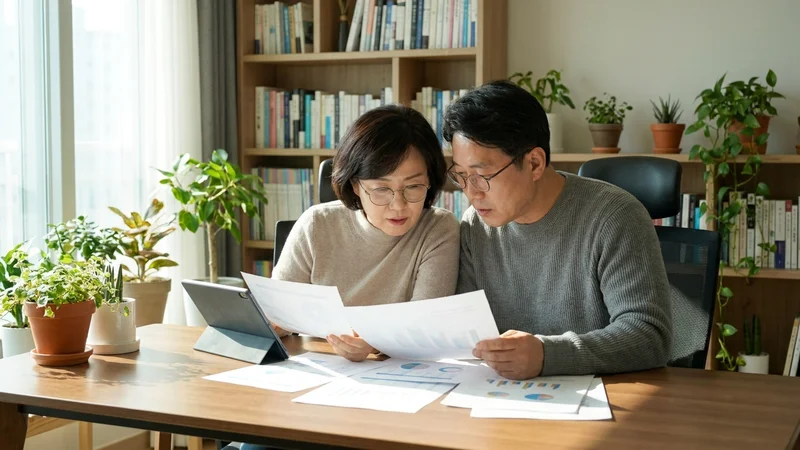 노후 재정 계획서를 검토하는 한국인 중장년 부부