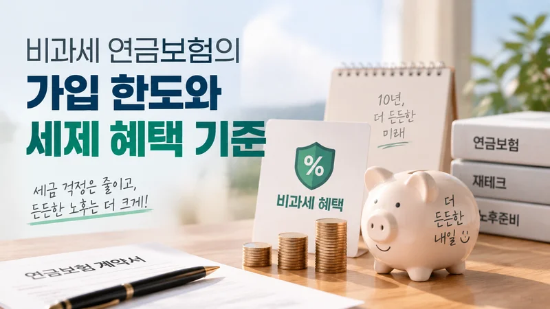 비과세 연금보험의 가입 한도와 세제 혜택 기준을 설명하는 연금보험 계약서와 저축 오브젝트 중심의 이미지
