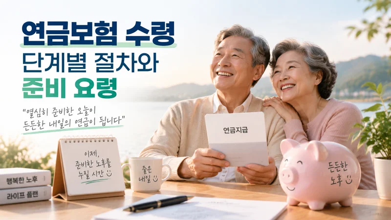 연금보험 수령 절차와 준비 요령을 보여주는 노년 부부와 연금 지급 서류가 있는 노후 준비 이미지