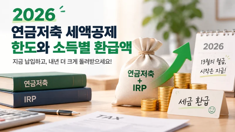 2026년 연금저축 세액공제 한도와 소득 구간별 공제액 예시를 표현한 이미지
