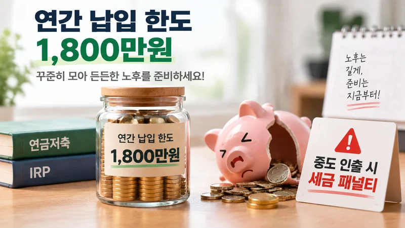 연간 납입 한도 1,800만원과 중도 인출 시 세금 패널티를 알리며 연금저축과 IRP 책, 동전 저금통, 경고 표지판이 함께 있는 이미지