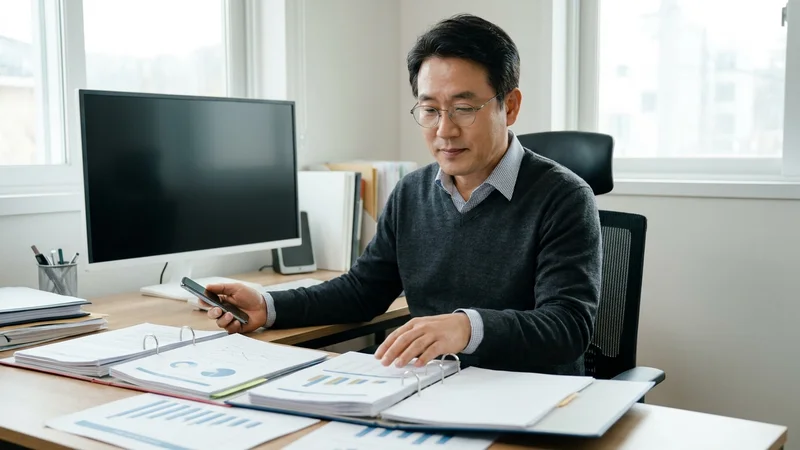 중년 여성이 스마트폰 손택스 앱으로 연말정산 결과를 확인하며 만족스러운 표정을 짓는 모습