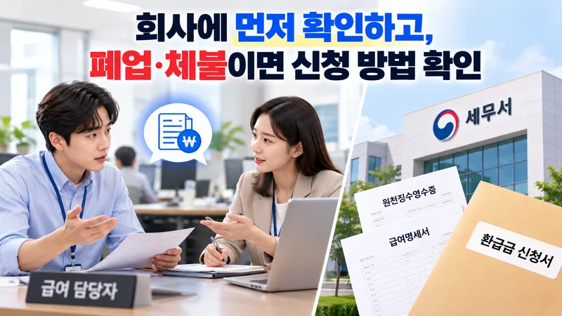 근로자가 회사의 폐업이나 임금체불로 받지 못한 연말정산 환급금을 세무서에 문의하는 모습