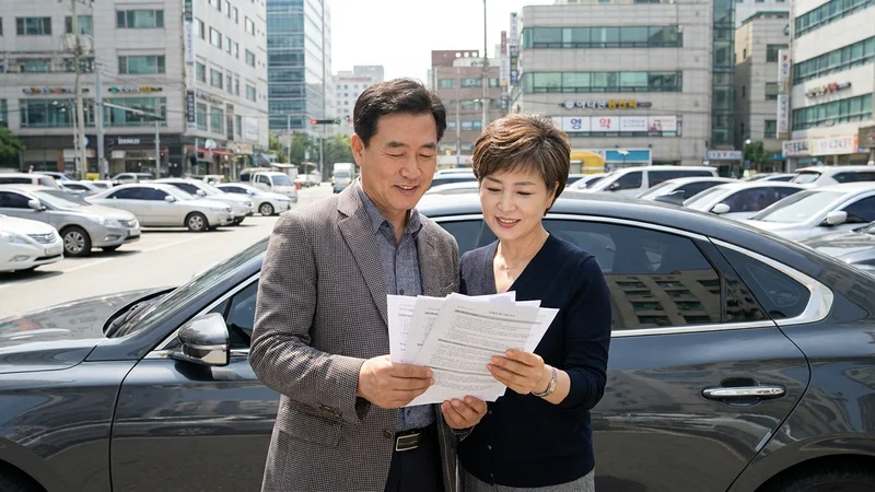 한국 중장년 부부가 자동차 앞에서 보험 서류를 꼼꼼히 검토하는 모습