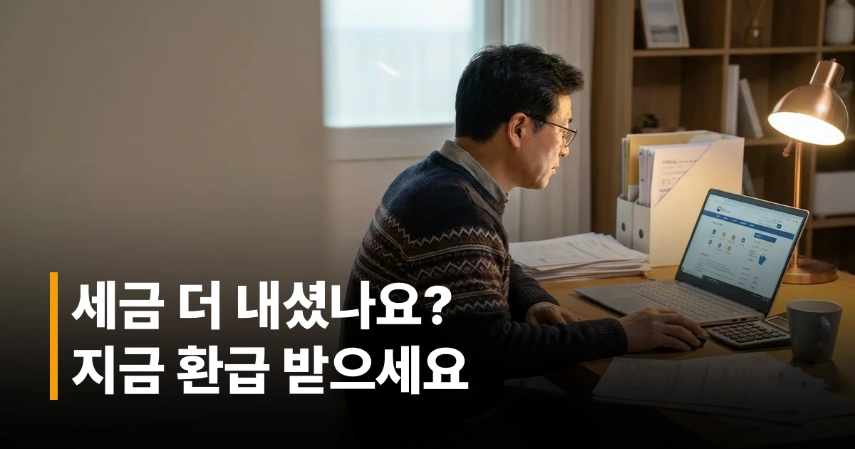 40대 남성이 집에서 노트북으로 홈택스 종합소득세 신고를 하는 모습