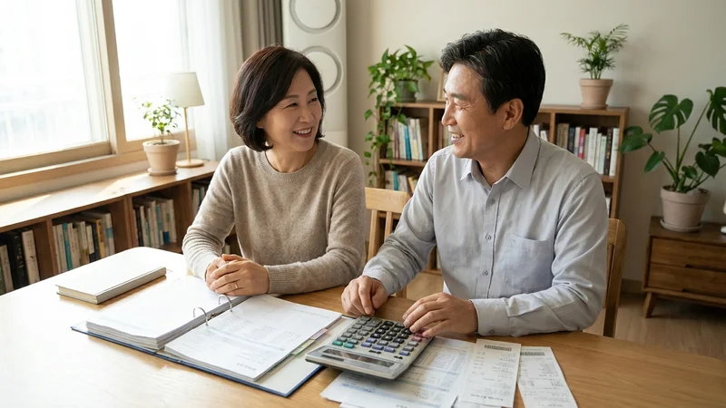 주택연금 월수령액 계산 - 한국 중장년 부부가 금융기관에서 전문가와 주택연금 상담을 받는 모습