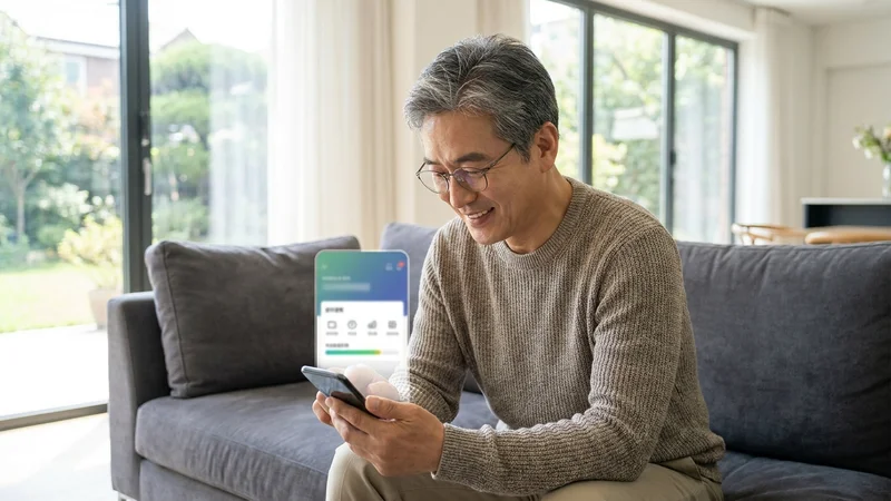50대 남성이 거실 소파에 앉아 스마트폰으로 청약통장 모바일 가입 화면을 확인하는 모습