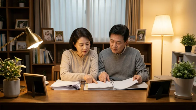 노후 재정 계획을 함께 검토하는 한국 중년 부부의 모습