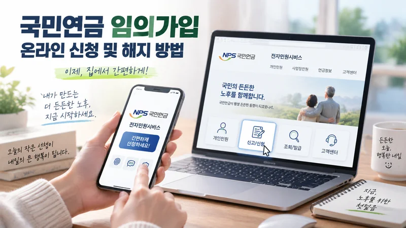 국민연금 임의가입 온라인 신청과 해지 절차를 노트북과 스마트폰으로 간편하게 진행하는 모습을 담은 이미지