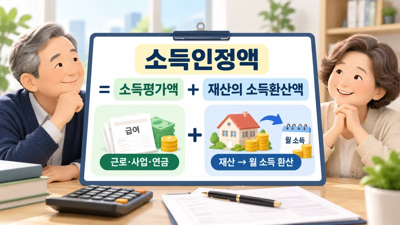 근로·사업·재산소득과 공제 항목을 반영하고 보유 재산을 월 소득으로 환산하는 모습