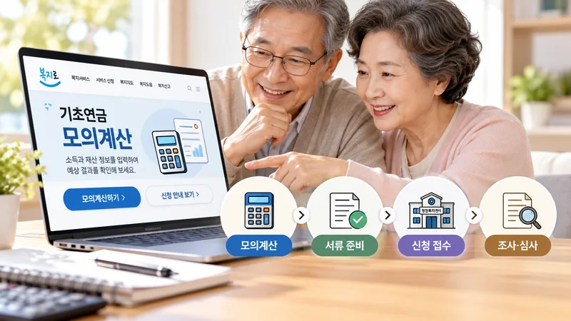 기초연금 신청자가 소득과 재산 자료를 정리해 모의계산을 하고 있다.
