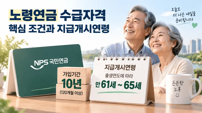 노령연금 수급 조건인 가입기간 10년과 출생연도별 지급개시연령을 보여주는 국민연금 안내 이미지