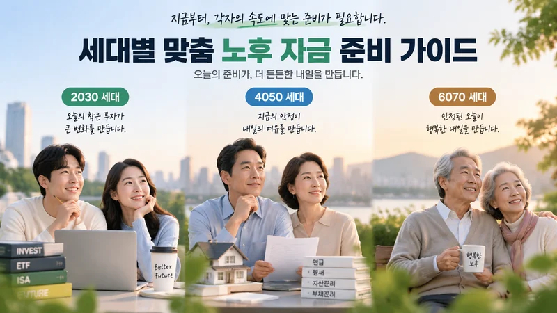 연령별 노후 준비 전략을 표현한 이미지로 젊은 세대부터 중년, 은퇴 세대까지 각자의 방식으로 미래 자산을 계획하는 모습