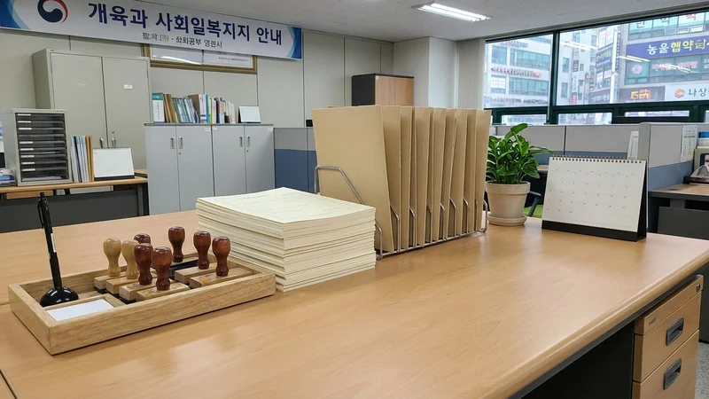 주민센터 복지 신청 창구에 놓인 신청서 서류 더미