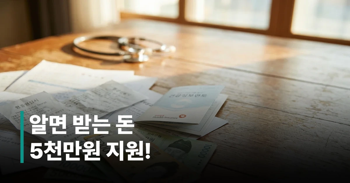 재난적의료비 지원 신청서류와 병원 영수증이 놓인 책상 위 서류들