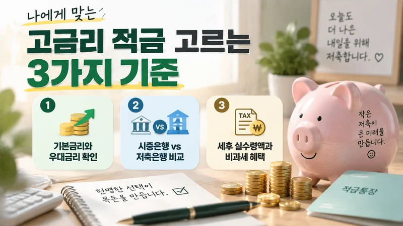 고금리 적금을 고를 때 기본금리와 우대금리, 은행 비교, 세후 수익을 확인하는 모습을 담은 금융 이미지