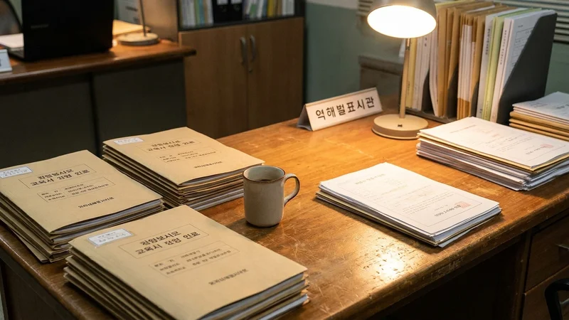 노인복지 상담 서류와 공식 안내 문서가 펼쳐진 사무실 책상