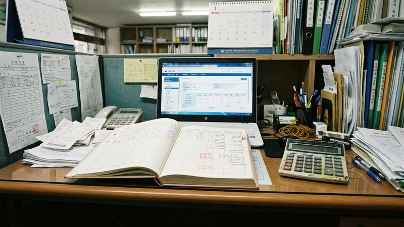 소상공인 세무교육 자료와 계산기, 세금계산서가 펼쳐진 한국 사무실 환경