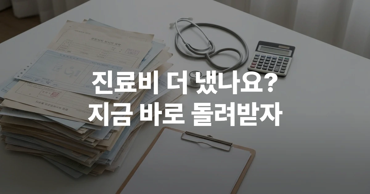 병원 진료비 영수증과 건강보험 서류가 펼쳐진 책상, 사전 조회 및 환급 안내