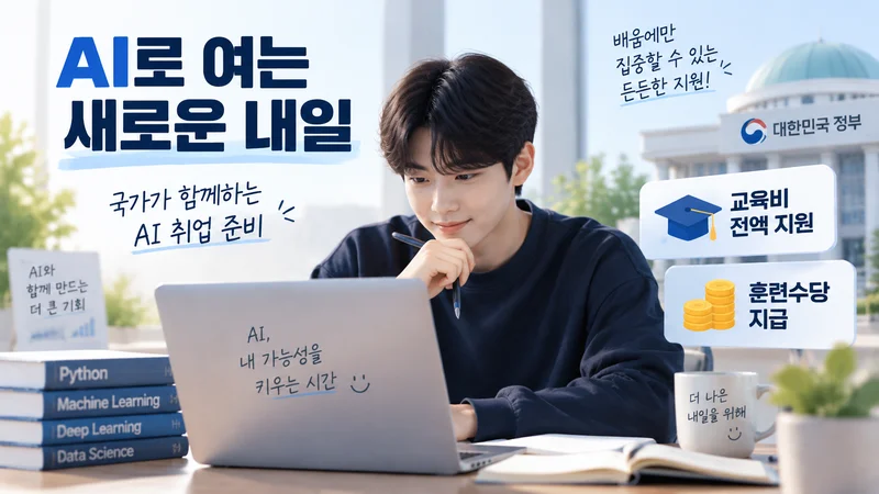 AI 취업 준비 과정에서 국가 지원으로 새로운 미래를 준비하는 학습자의 모습을 담은 이미지