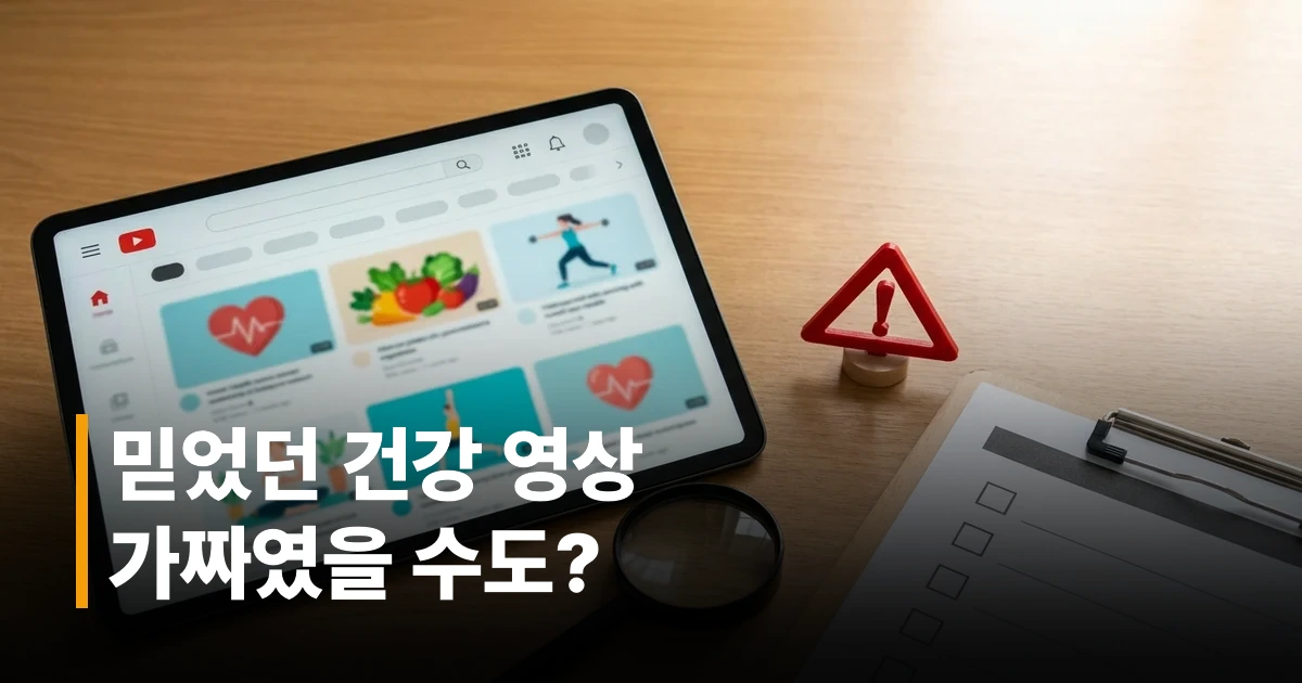 유튜브 건강 채널 영상 목록이 표시된 스마트폰과 돋보기, 경고 표시가 놓인 책상
