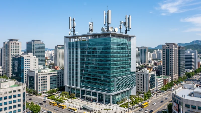 KT 사옥 건물과 5G 통신 장비가 보이는 현대적인 오피스 환경