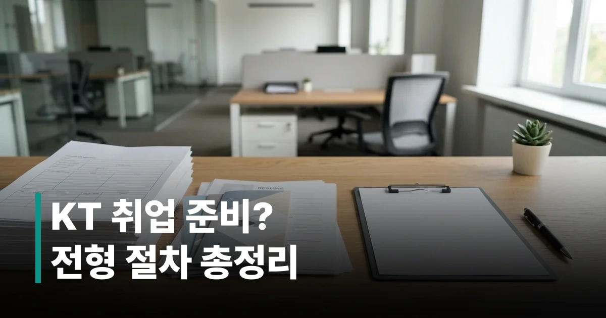 KT 채용 공고와 입사 지원서류가 놓인 사무용 책상