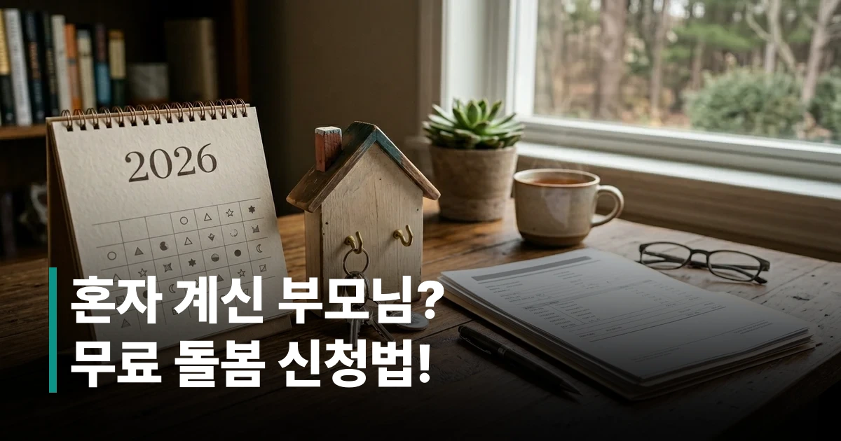 2026년 달력과 집 모양 열쇠고리가 놓인 책상