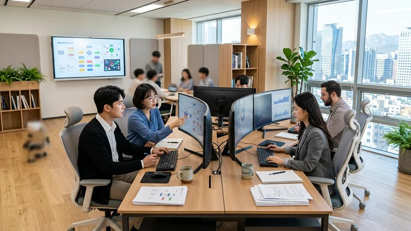 현대적인 한국 오피스 회의실 환경과 업무 도구
