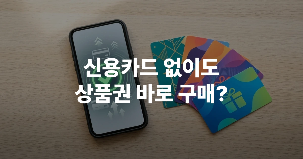 스마트폰 화면에 모바일 상품권 구매 내역이 표시되고 여러 종류의 상품권 카드가 놓인 이미지