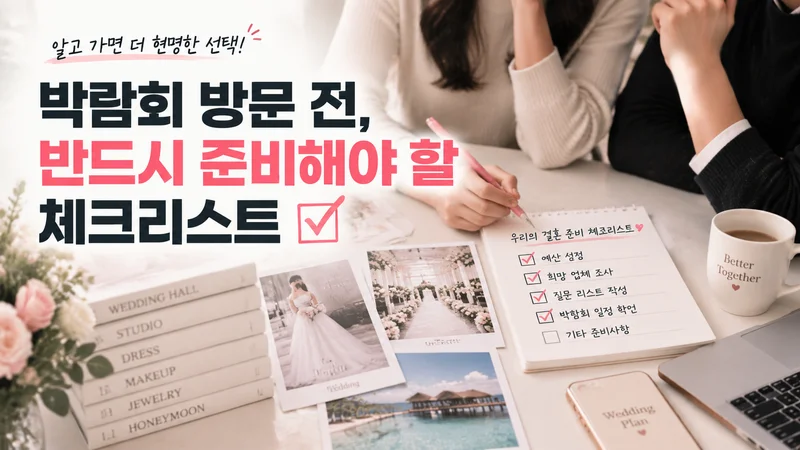 웨딩박람회 비용 절감을 위해 계산기와 예산 노트로 합리적인 결혼 준비를 계획하는 모습