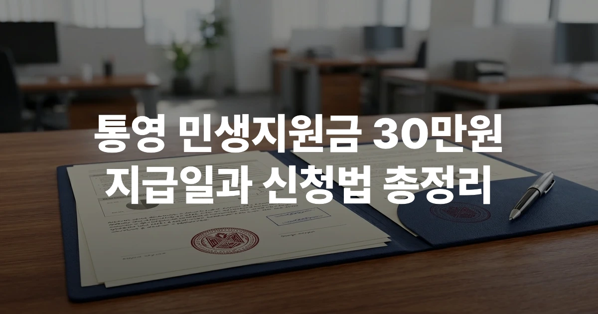 통영시청 전경과 민생지원금을 상징하는 이미지