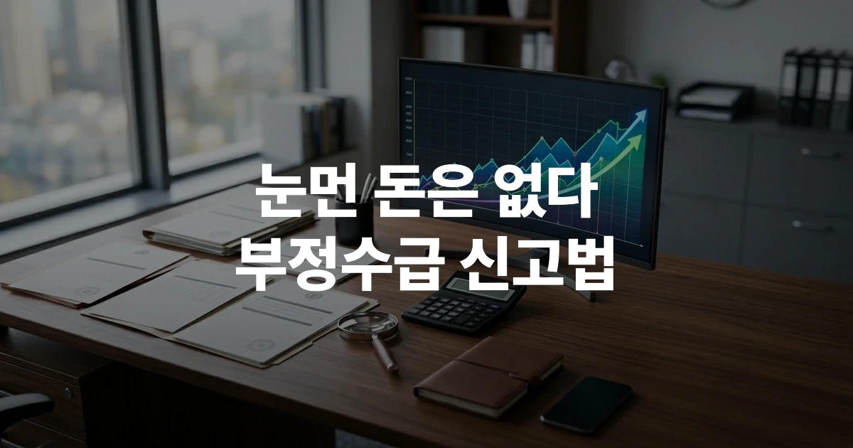 현대적인 사무실 책상 위에 놓인 정부 보조금 관련 서류와 돋보기