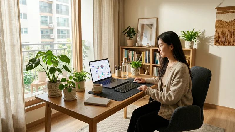 태블릿과 서류가 놓인 아늑하고 모던한 한국의 홈 오피스 작업 공간 이미지
