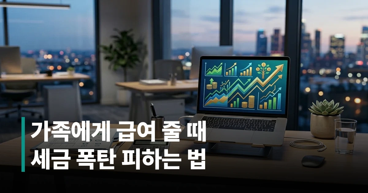 세금 고지서와 계산기가 놓인 정돈된 사무실 책상 위 노트북 화면