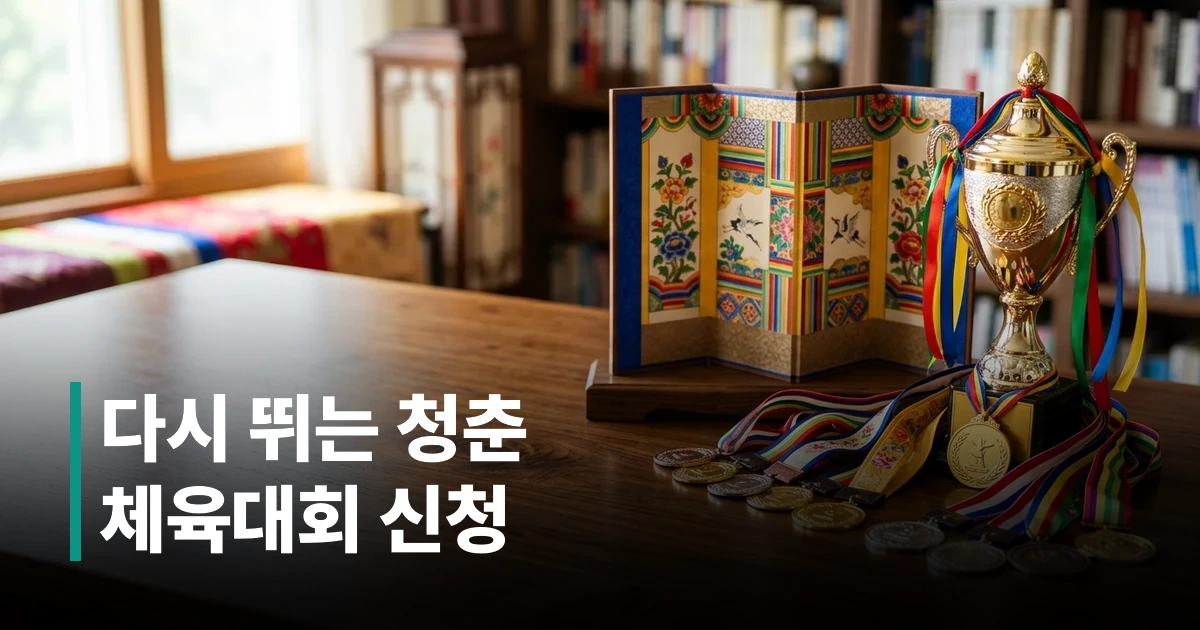 목재 책상 위에 놓여 있는 체육대회 금빛 트로피와 메달