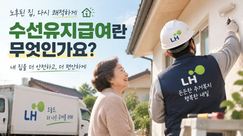 수선유지급여의 개념과 주택 보수 지원 과정을 보여주는 이미지로 LH 직원이 노후 주택을 수리하는 모습을 담고 있다