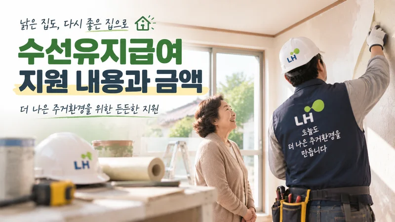 수선유지급여 지원 내용과 금액을 설명하는 이미지로 주택 내부 보수 작업과 LH 시공 지원 모습을 표현하고 있다