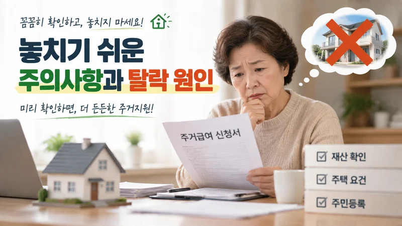 수선유지급여 신청 시 주의사항과 탈락 원인을 안내하는 이미지로 신청서를 확인하는 노인과 점검 항목을 보여준다