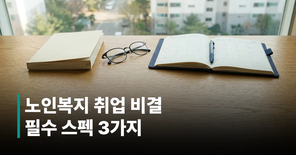 노인복지 시설 취업 대비용 사회복지사 자격증 서적과 안경이 놓인 단정한 책상