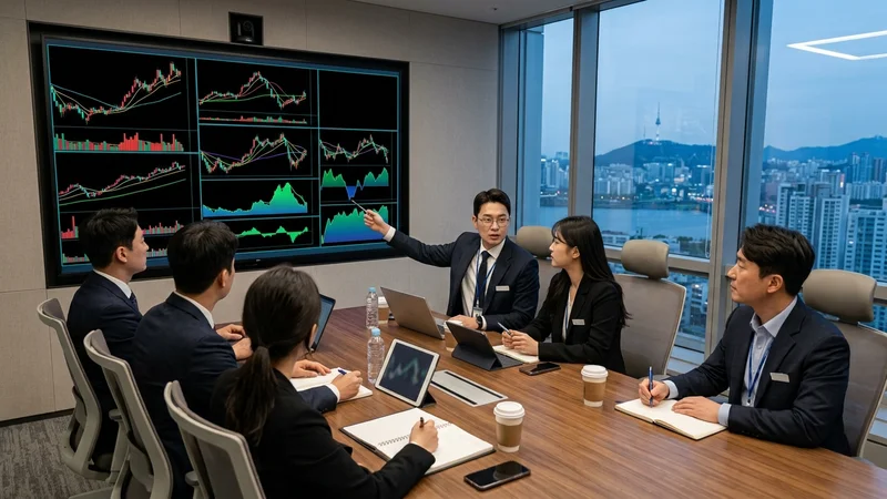 상승하는 주식 시장 그래프를 보여주는 회의실 모니터 화면