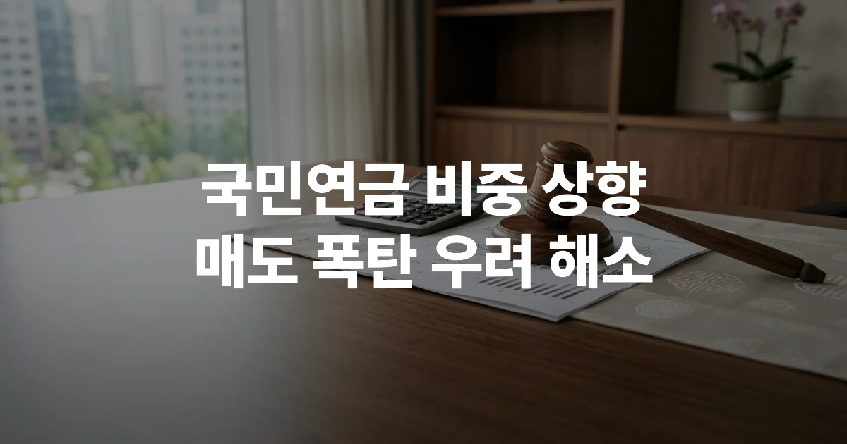 국민연금 국내 주식 비중 상향을 설명하는 금융 보고서와 의사봉